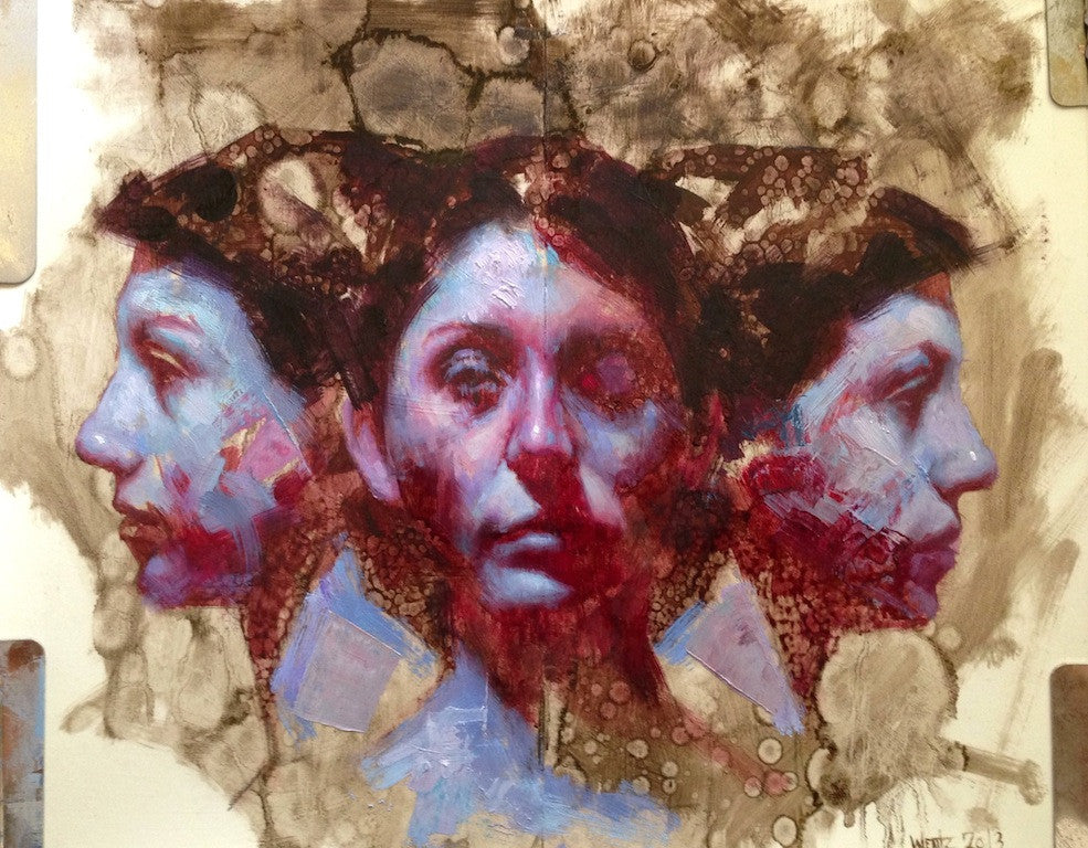 A surreal oil on Moleskine portrait by John Wentz depicts a forward-facing woman flanked by opposing profiles. The artwork features red, blue, and brown hues set against an abstract textured background.