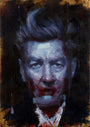 A Strange Carnival oil on canvas by John Wentz portrays an older mans head and shoulders with a serious expression, using bold brush strokes in blue, gray, and white against a dark background. His swept-back hair enhances the expressive style.
