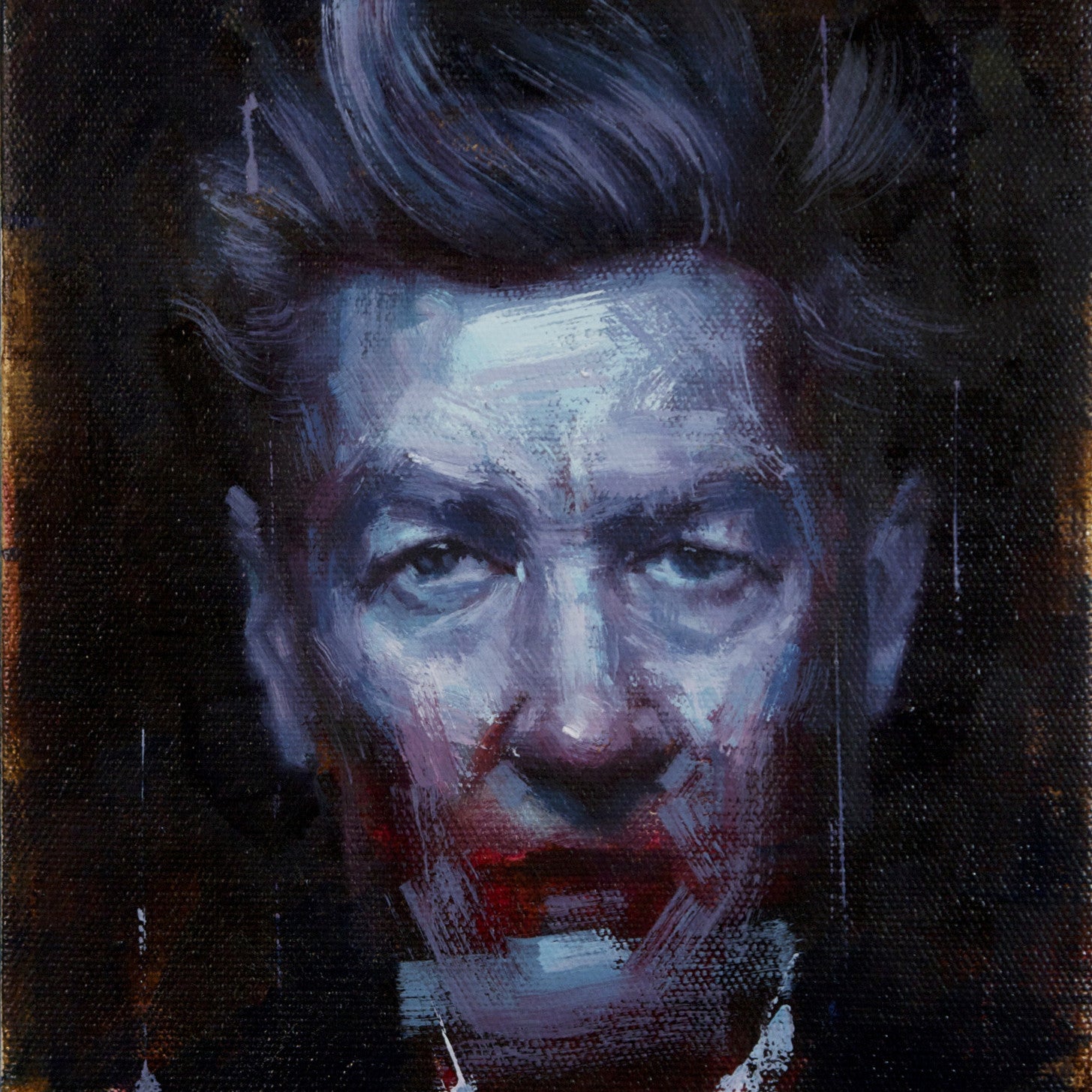 A Strange Carnival oil on canvas by John Wentz portrays an older mans head and shoulders with a serious expression, using bold brush strokes in blue, gray, and white against a dark background. His swept-back hair enhances the expressive style.