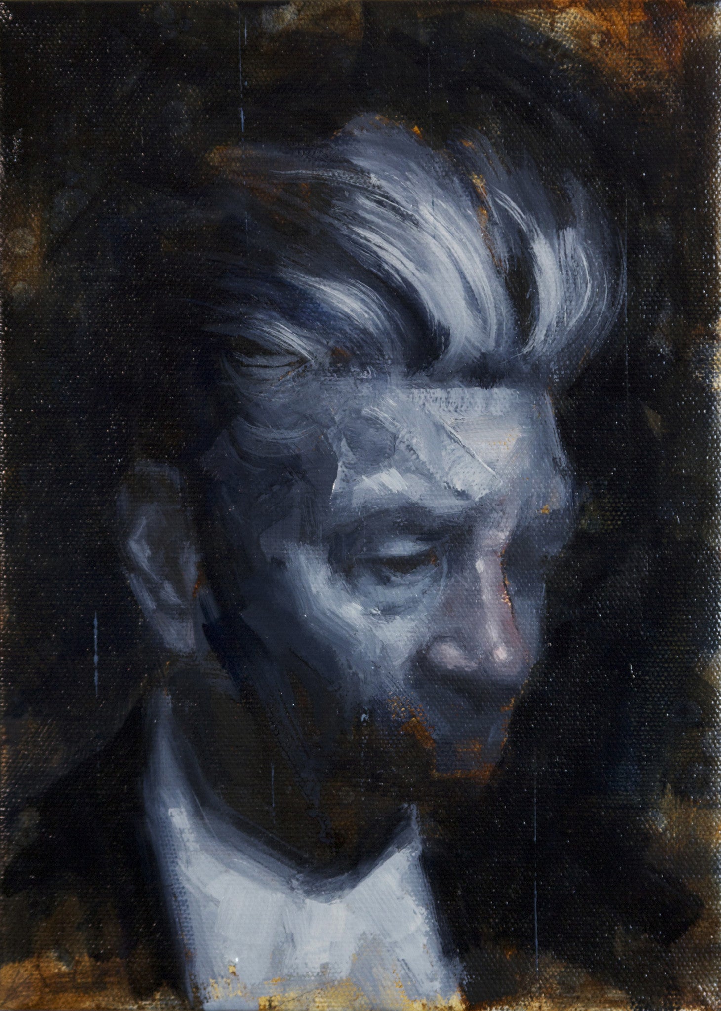 An oil painting by John Wentz features an older adult with high, swept-back gray and blue hair, wearing a dark suit and white shirt set against a dark, textured backdrop.