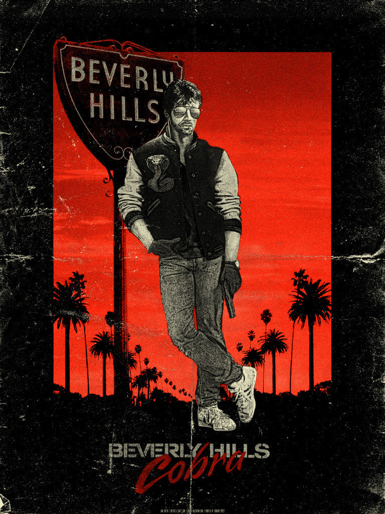 Jon Smith offers a signed and numbered print featuring a man in sunglasses and a letterman jacket leaning against a Beverly Hills sign, set against a red sunset with palm trees. It includes the text Beverly Hills Cobra at the bottom.