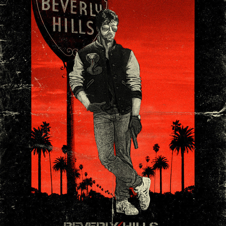 Jon Smith offers a signed and numbered print featuring a man in sunglasses and a letterman jacket leaning against a Beverly Hills sign, set against a red sunset with palm trees. It includes the text Beverly Hills Cobra at the bottom.