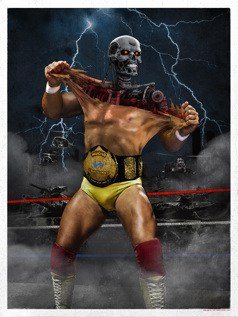 A muscular figure in the wrestling ring exposes a robotic interior beneath human skin, adorned with a championship belt. The dramatic scene, featuring tanks and lightning, evokes a futuristic fine art giclee print by Jon Smith, perfect for a signed and numbered edition.