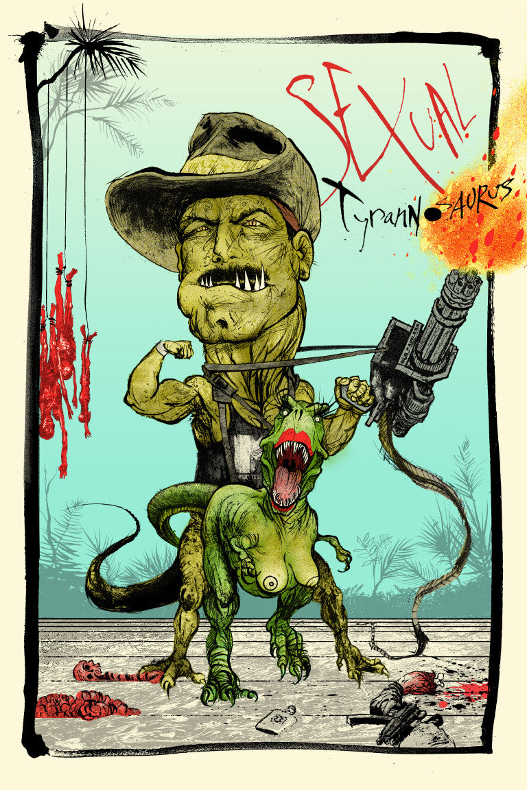 In a vibrant screen print style, muscular character Jon Smith, adorned with a cowboy hat and mustache, wields a gun atop a green dinosaur-like creature. The lively background features palm trees and red abstracts alongside bold text stating Sexual Tyrannosaurus.