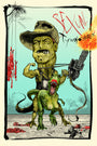 In a vibrant screen print style, muscular character Jon Smith, adorned with a cowboy hat and mustache, wields a gun atop a green dinosaur-like creature. The lively background features palm trees and red abstracts alongside bold text stating Sexual Tyrannosaurus.