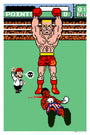 Jon Smiths digital art captures a triumphant boxer in red shorts lifting another overhead, with a defeated opponent on the mat. Set in a retro video game scene, it features a bustling stadium and attentive referee counting down, available as a limited edition screen print.