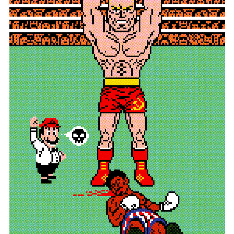 Jon Smiths digital art captures a triumphant boxer in red shorts lifting another overhead, with a defeated opponent on the mat. Set in a retro video game scene, it features a bustling stadium and attentive referee counting down, available as a limited edition screen print.