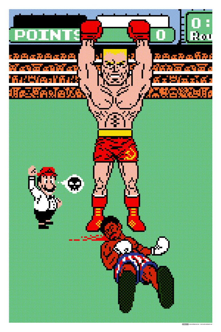 Jon Smiths digital art captures a triumphant boxer in red shorts lifting another overhead, with a defeated opponent on the mat. Set in a retro video game scene, it features a bustling stadium and attentive referee counting down, available as a limited edition screen print.