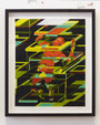 This Jon Fox oil painting features a geometric figure in vibrant reds, oranges, and yellows against a dark backdrop with green and yellow shapes. Framed in black, it reflects the dynamic Suggestivism: Resonance style and captures Foxs unique visual effect.