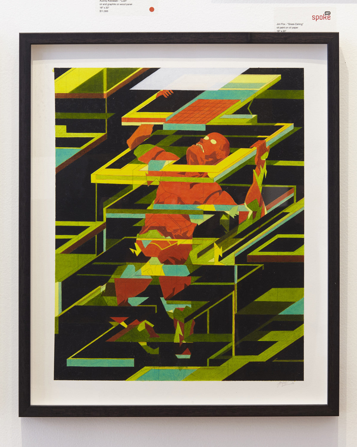 This Jon Fox oil painting features a geometric figure in vibrant reds, oranges, and yellows against a dark backdrop with green and yellow shapes. Framed in black, it reflects the dynamic Suggestivism: Resonance style and captures Foxs unique visual effect.