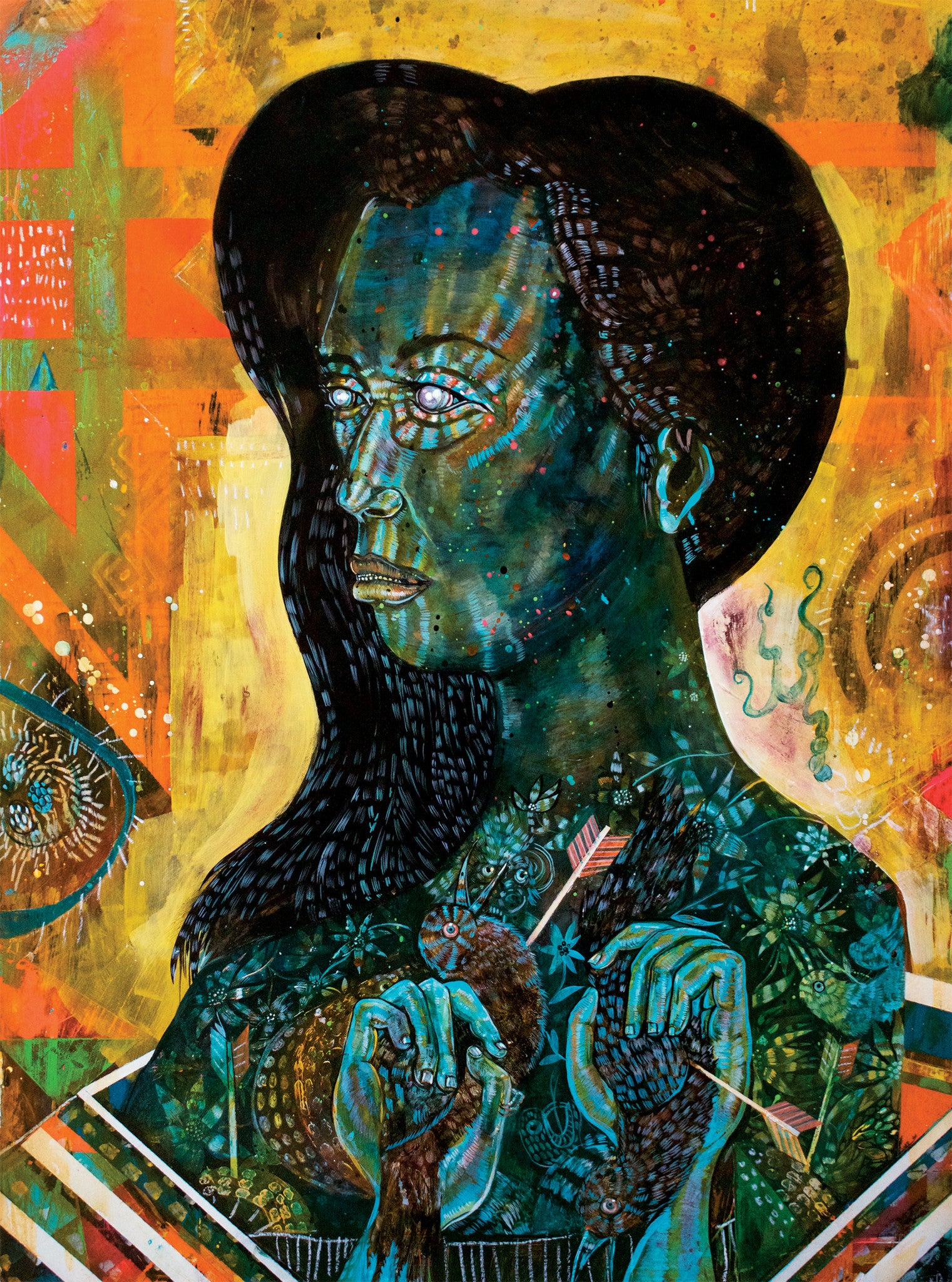 A Jon Todd colorful mixed media artwork portrays a woman with dark hair against a vibrant abstract background. Her blue-green skin displays intricate patterns as she holds knitting needles amid geometric shapes and swirling designs in yellow, orange, and green hues.