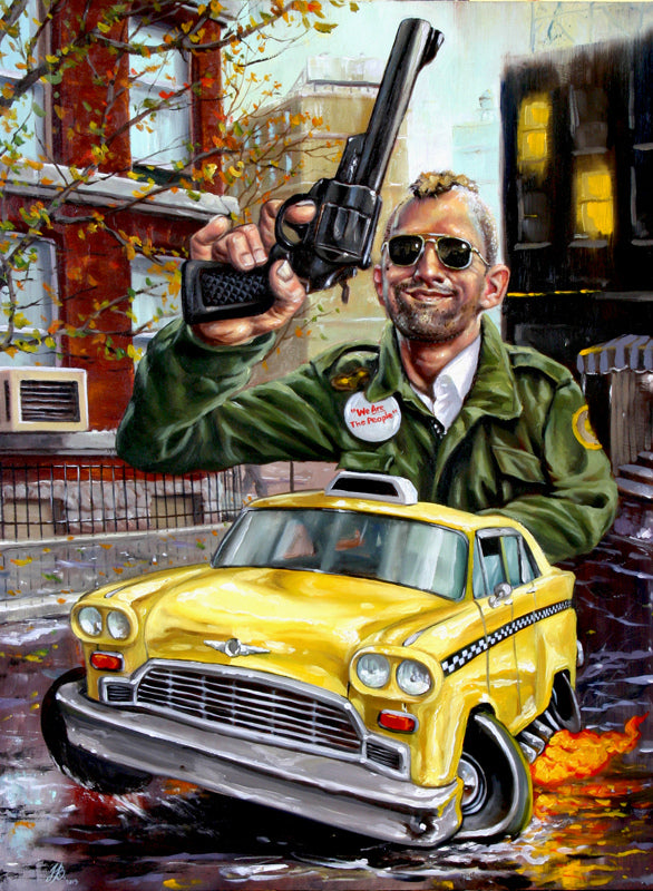 A man in sunglasses and a military jacket leans out of a yellow taxi with a large revolver, surrounded by red brick buildings and autumn leaves. The scene epitomizes Jonathan Bergerons Scorsese tribute, evoking iconic Taxi Driver art with its distorted perspective.