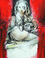 A surreal artwork featuring a seated figure with a porcelain-like face holding a mask. The torso blends into a sheep-like animal head, framed by red curtains, creating a theatrical effect in this mixed media piece reminiscent of Jon Wayshaks style.