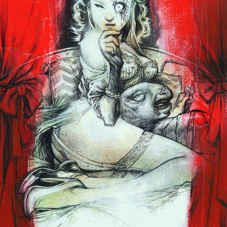 A surreal artwork featuring a seated figure with a porcelain-like face holding a mask. The torso blends into a sheep-like animal head, framed by red curtains, creating a theatrical effect in this mixed media piece reminiscent of Jon Wayshaks style.