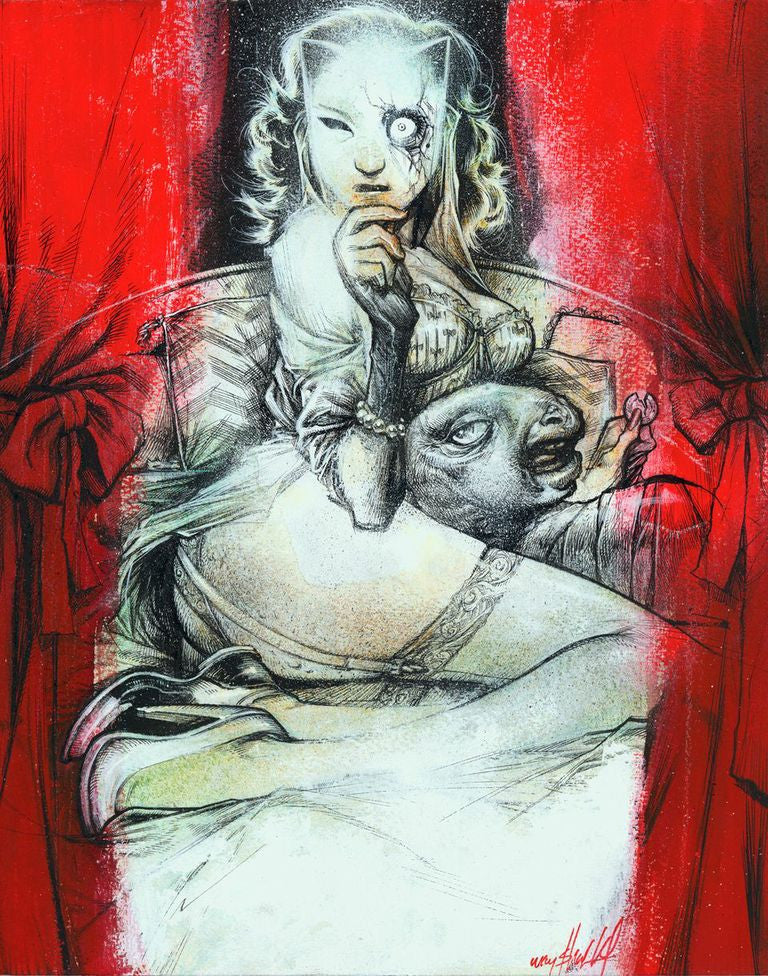 A surreal artwork featuring a seated figure with a porcelain-like face holding a mask. The torso blends into a sheep-like animal head, framed by red curtains, creating a theatrical effect in this mixed media piece reminiscent of Jon Wayshaks style.