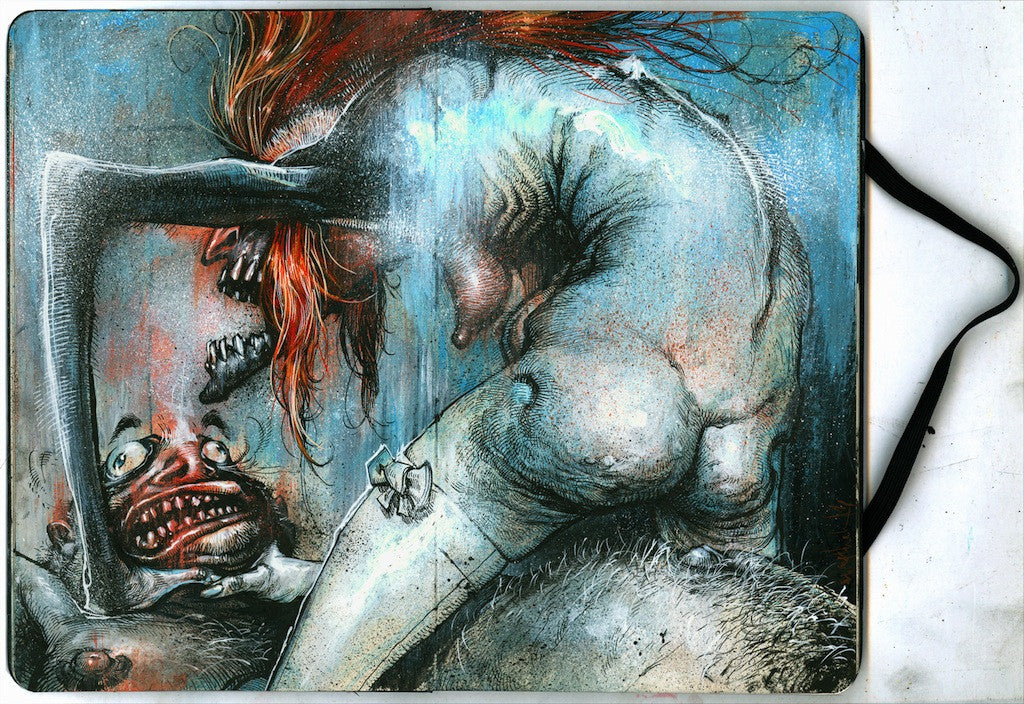 Jon Wayshak’s surreal mixed media artwork presents a red-haired humanoid creature in an aggressive stance, gripping a grotesque face with wide eyes. This detailed scene merges abstract and organic themes, radiating tension and chaos—a unique piece for collectors of bold and bizarre art.