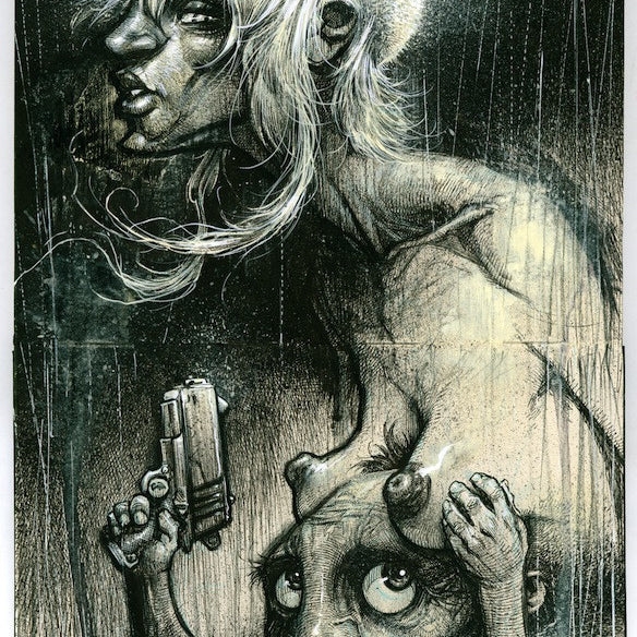 Discover Jon Wayshaks surreal mixed media artwork featuring a pale, spectral figure with flowing hair and exaggerated features looming over a small, wide-eyed creature clutching a gun. Dark rain-like lines enhance the eerie scene, now available for purchase.