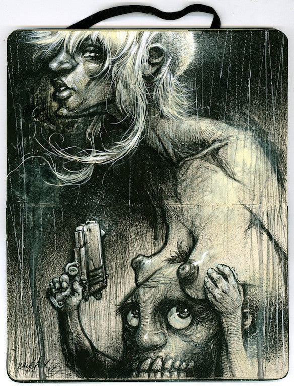 Discover Jon Wayshaks surreal mixed media artwork featuring a pale, spectral figure with flowing hair and exaggerated features looming over a small, wide-eyed creature clutching a gun. Dark rain-like lines enhance the eerie scene, now available for purchase.