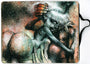 Jon Wayshaks abstract art portrays a distorted figure with exaggerated features and oversized hands in mixed media. The piece features multiple hands reaching toward the figure, set against a textured background of earthy tones, highlighting beauty within chaos.