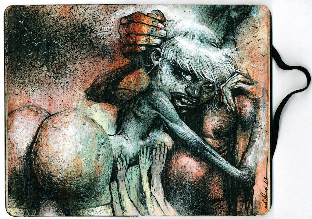 Jon Wayshaks abstract art portrays a distorted figure with exaggerated features and oversized hands in mixed media. The piece features multiple hands reaching toward the figure, set against a textured background of earthy tones, highlighting beauty within chaos.