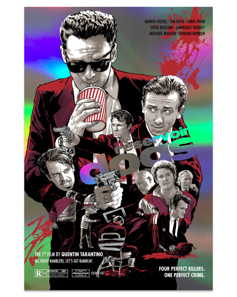 Joshua Budich - collage of portraits of the cast of Reservoir Dogs on foil paper