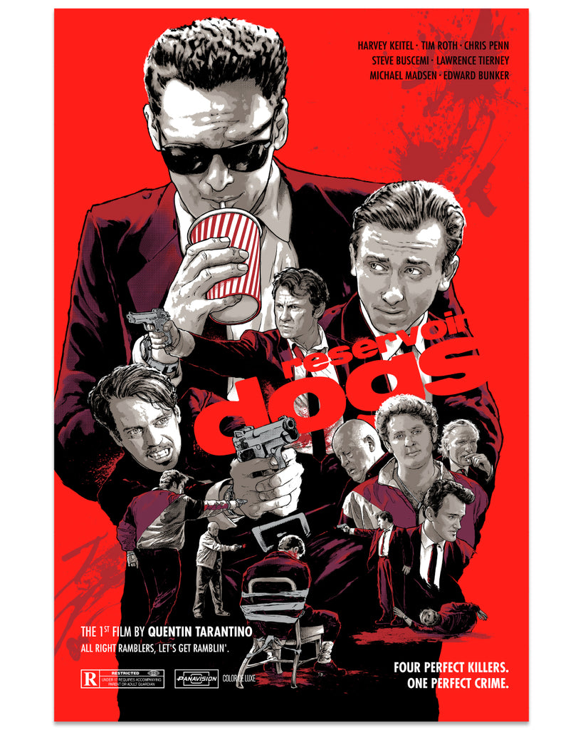 Joshua Budich - collage of portraits of the cast of Reservoir Dogs on red background