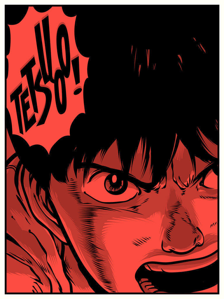 A Joshua Budich screenprint captures an animated character in a red and black palette, intensely shouting TETSUO! with brilliant emotion.