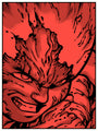 Close-up of an intense, red-hued character with a fierce expression in Joshua Budichs screenprint style. Their textured face and hair flow with energy, reflecting the dynamic power of KANEDA.