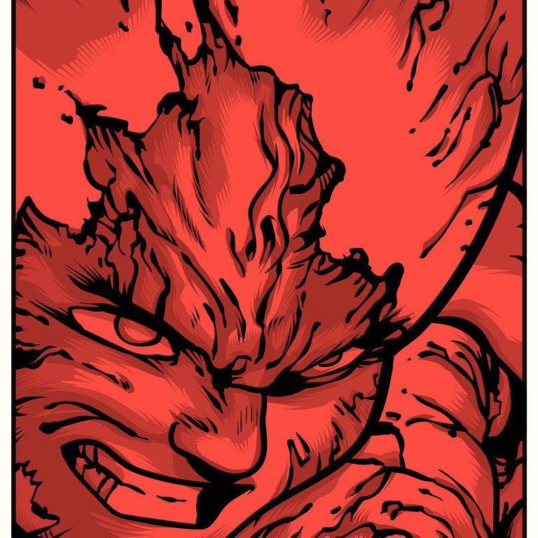 Close-up of an intense, red-hued character with a fierce expression in Joshua Budichs screenprint style. Their textured face and hair flow with energy, reflecting the dynamic power of KANEDA.