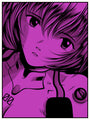 Joshua Budichs limited edition screenprint features an anime-style illustration of a short-haired person gazing upwards. Dominated by purple tones, the characters expression is neutral or contemplative, set against a background filled with abstract shapes and lines.
