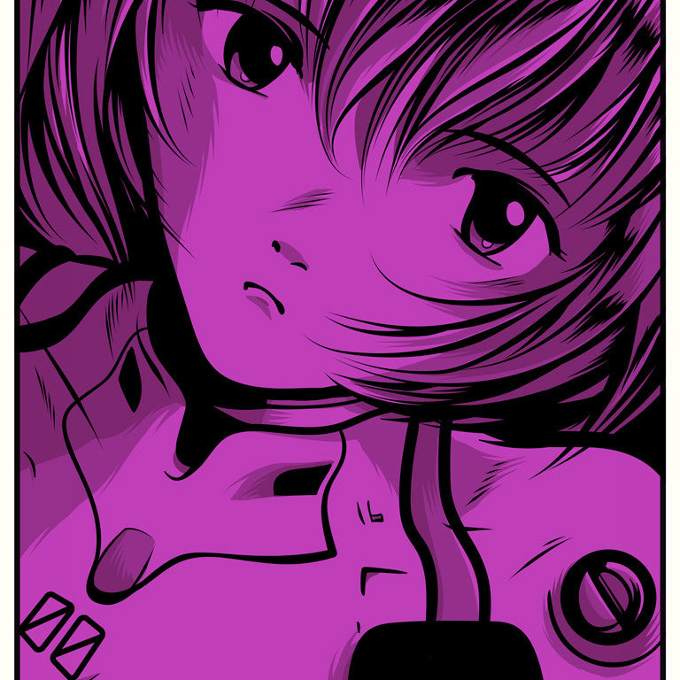 Joshua Budichs limited edition screenprint features an anime-style illustration of a short-haired person gazing upwards. Dominated by purple tones, the characters expression is neutral or contemplative, set against a background filled with abstract shapes and lines.