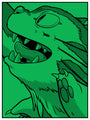 A green cartoon creature, with sharp teeth and large paws, looks upward excitedly. Its spiky fur and open mouth brimming with fangs give it an energetic vibe reminiscent of a Joshua Budich screenprint and the fantastical Cat Bus.