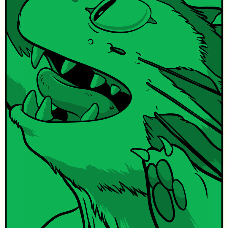 A green cartoon creature, with sharp teeth and large paws, looks upward excitedly. Its spiky fur and open mouth brimming with fangs give it an energetic vibe reminiscent of a Joshua Budich screenprint and the fantastical Cat Bus.