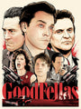 Joshua Budichs limited edition screen print, inspired by the 1990 gangster film Goodfellas, showcases three dominant characters at the top with a bold red title. Below, additional figures and a car appear along with guns and red accents that evoke Scorsese’s iconic style.