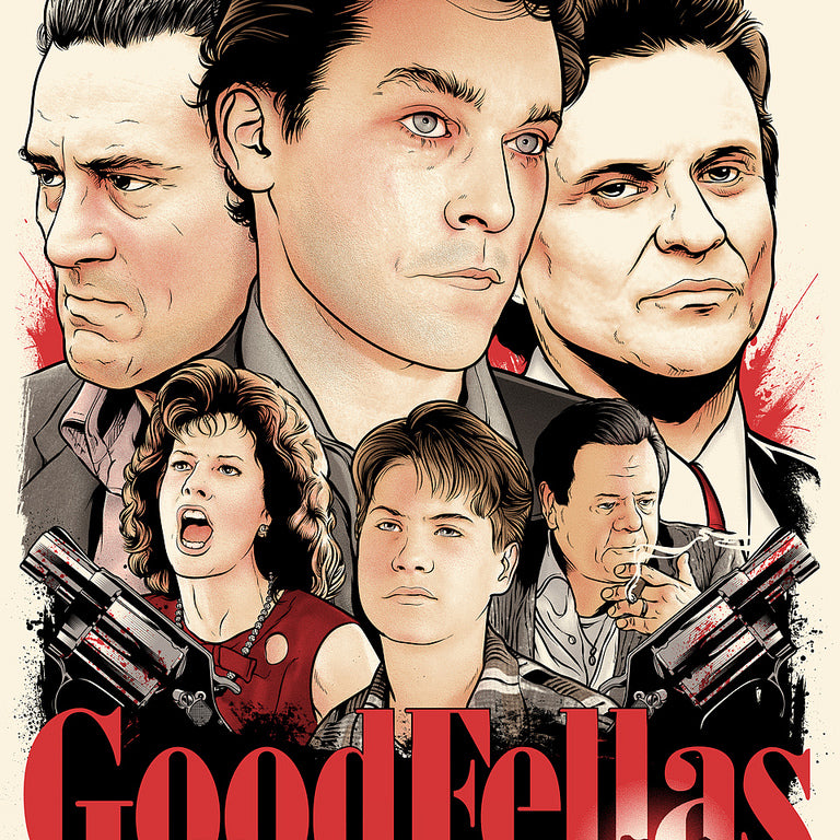 Joshua Budichs limited edition screen print, inspired by the 1990 gangster film Goodfellas, showcases three dominant characters at the top with a bold red title. Below, additional figures and a car appear along with guns and red accents that evoke Scorsese’s iconic style.