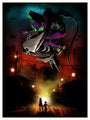 A dramatic limited edition screenprint by Joshua Budich showcases a giant purple and green robot in a menacing stance against an apocalyptic backdrop. Two silhouetted figures stand foreground amidst an urban scene lit with ominous red and blue tones.