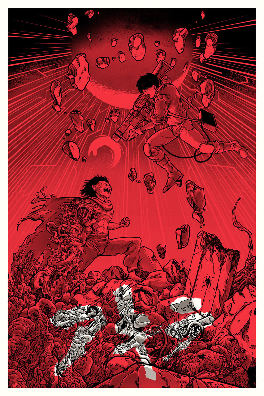 A red-toned Joshua Budich illustration shows a chaotic space battle with two figures clashing amid debris and cosmic elements, one holding a futuristic weapon. A shattered planet and dark sky form the backdrop, while glow-in-the-dark elements amplify the intense, dramatic scene.