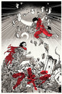 Dynamic manga scene: Two figures in an intense encounter under a fractured moon. One, in red, leaps with a weapon in this limited edition screenprint by the artist Joshua Budich. The number 27 stands out in red, while action lines evoke motion amidst rubble.