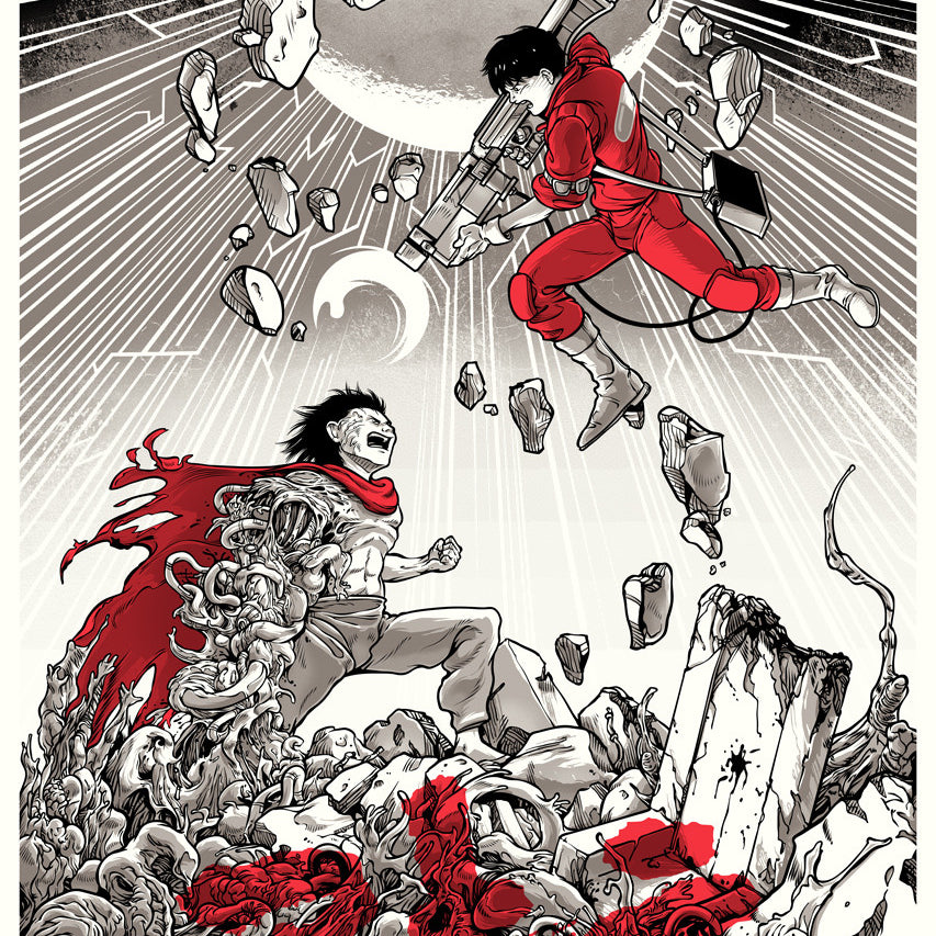 Dynamic manga scene: Two figures in an intense encounter under a fractured moon. One, in red, leaps with a weapon in this limited edition screenprint by the artist Joshua Budich. The number 27 stands out in red, while action lines evoke motion amidst rubble.