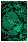 Joshua Budichs artistic scene features a large, rabbit-eared creature holding Mei in a lush forest. Small creatures peek from the greenery, and the entire image glows enchantingly in the dark with a vibrant green hue.