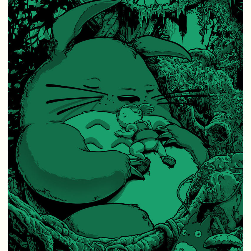 Joshua Budichs artistic scene features a large, rabbit-eared creature holding Mei in a lush forest. Small creatures peek from the greenery, and the entire image glows enchantingly in the dark with a vibrant green hue.
