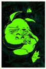 A large green creature with rabbit-like ears and a big smile holds a figure, Mei, in its arms in a dark forest. Two smaller creatures curiously watch from the shadows with subtly glowing eyes, reflecting Joshua Budichs craftsmanship.