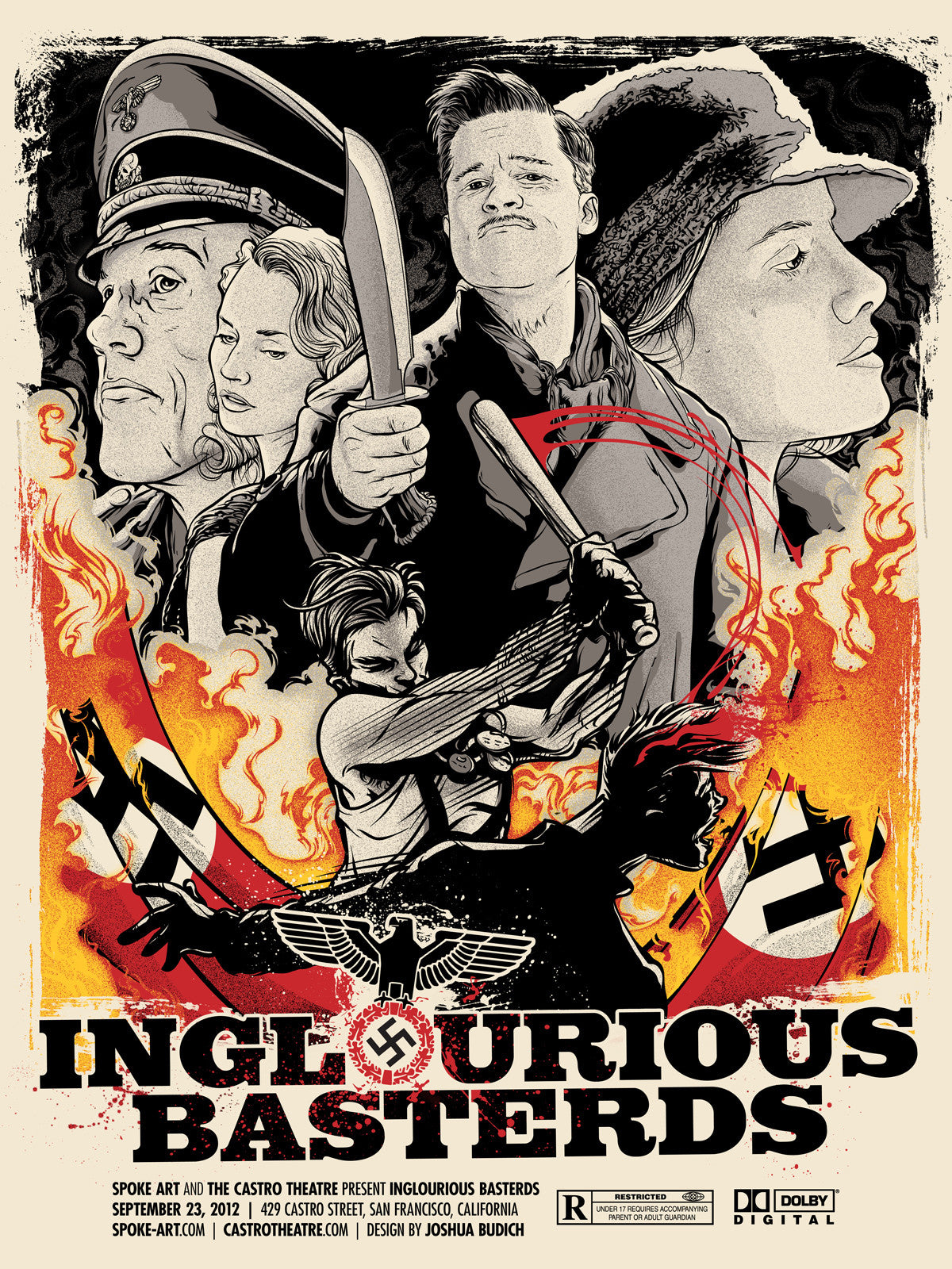 This Joshua Budich stylized poster for Inglourious Basterds showcases illustrated soldiers and a woman with a gun in dramatic red and black. An eagle emblem partly obscured is at the center, with title and event details at Castro Theatre San Francisco.