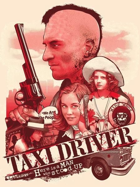 This limited edition screen print by Joshua Budich showcases a stylized man with a mohawk holding a gun, surrounded by women and a taxi cab. Inspired by Martin Scorseses Taxi Driver, it features vibrant red and beige cityscape collages.