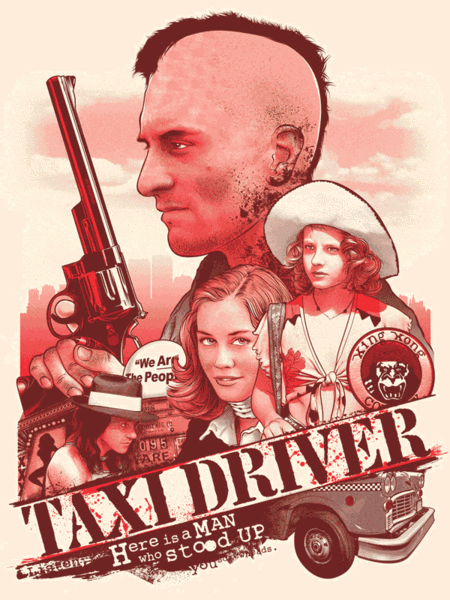 Joshua Budichs limited edition screen print features an illustrated collage with a mohawked man, revolver, and images of women, featuring the words Taxi Driver and Here is a man who stood up on the taxi. A tribute to Martin Scorseses iconic film in striking red and beige.