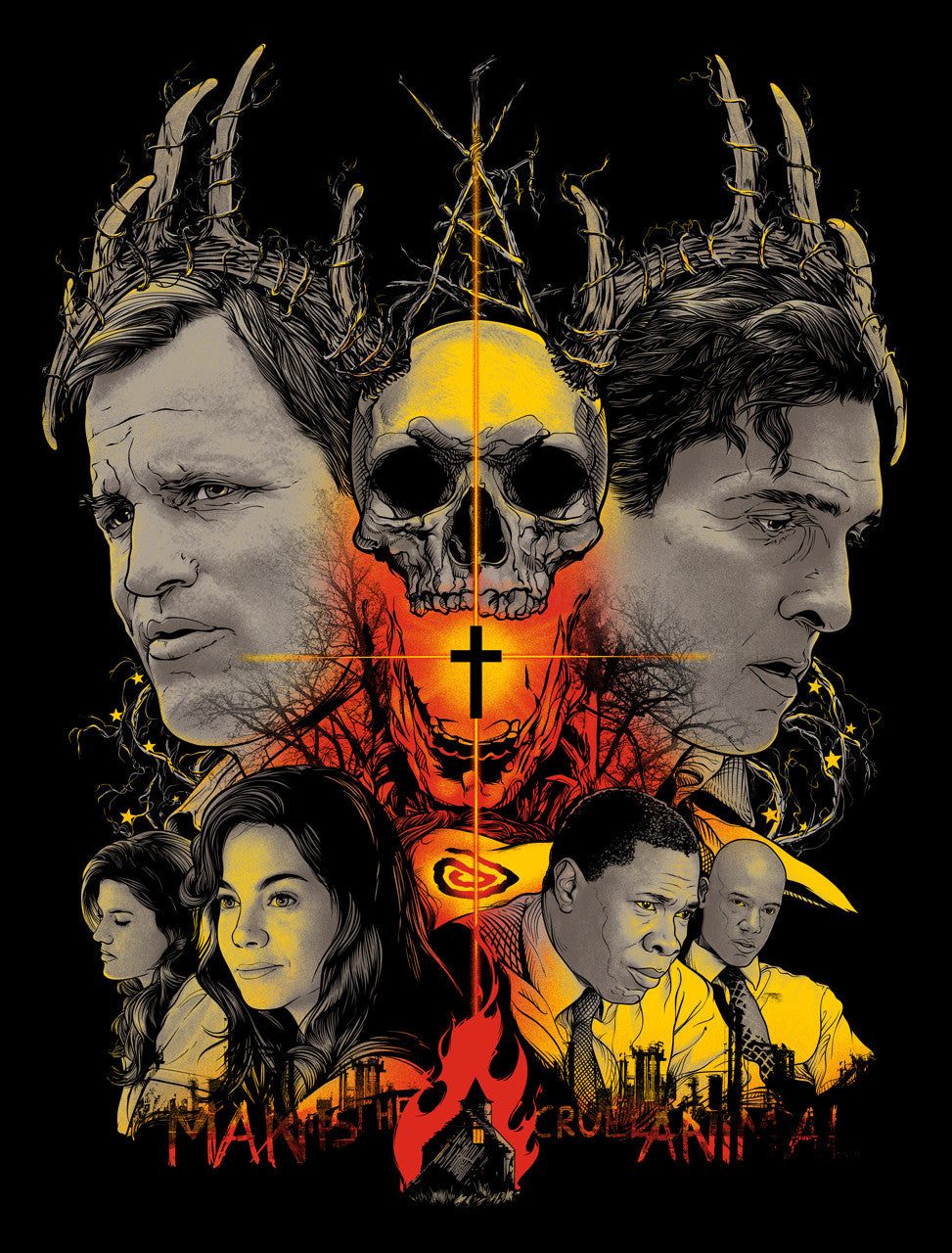 This limited edition screen print by Joshua Budich depicts two men with serious expressions, back to back, surrounded by abstract elements including a skull, antlers, and a cross. Below are three figures with flames and the text I am the crucifix animal, signed for authenticity.