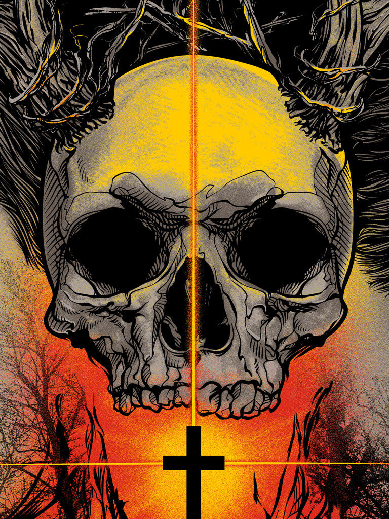 The Joshua Budich limited edition screen print showcases an illustrated skull with antlers before a glowing yellow-orange sun. A black cross anchors the bottom, while silhouetted trees intensify its eerie ambiance. Each piece is artist-signed.