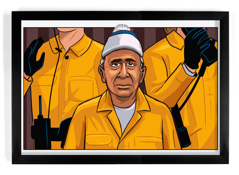 A Joshua Ellingson giclee print features three people in yellow uniforms and hats. Kumar, an older man, stands in front looking forward. Behind him are two figures with headsets and gloves holding radios. The print is elegantly framed in black.