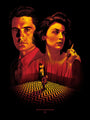Joshua Budichs stylized screenprint depicts a man and woman with intense expressions against a surreal backdrop, featuring a chevron-patterned floor, red curtains, and a central smaller figure. The haunting text reads, The Owls Are Not What They Seem.