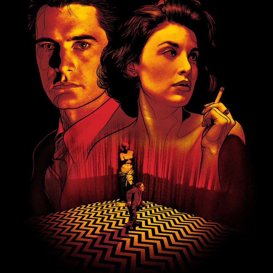 Joshua Budichs stylized screenprint depicts a man and woman with intense expressions against a surreal backdrop, featuring a chevron-patterned floor, red curtains, and a central smaller figure. The haunting text reads, The Owls Are Not What They Seem.